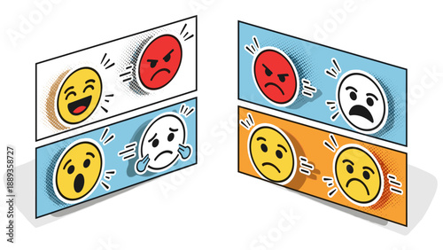 Emotional emojis in pop art comic style: happy, angry, surprised, sad designs
