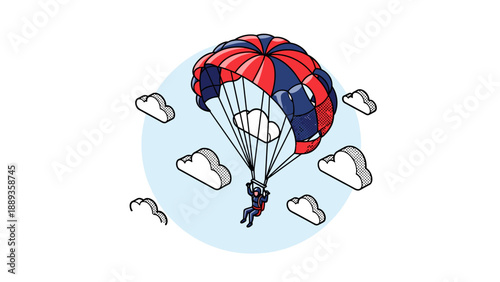 “retro pop art parachutist floating among clouds”