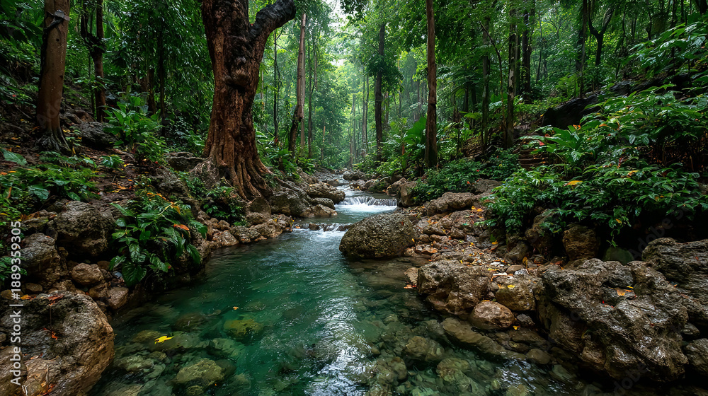 Fototapeta premium A lush green forest with a flowing river and rocky banks.
