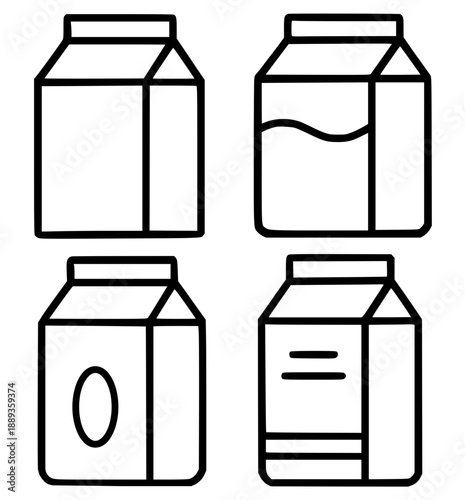 Collection of milk carton illustration icons, in outline version for coloring