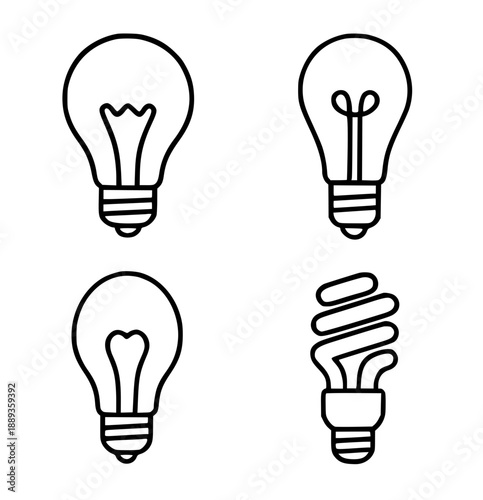 A collection of light bulb illustration icons, in outline version for coloring.