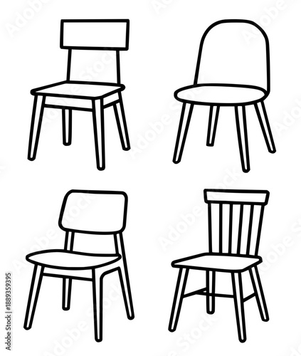 Collection of chair illustration icons, in outline version for coloring