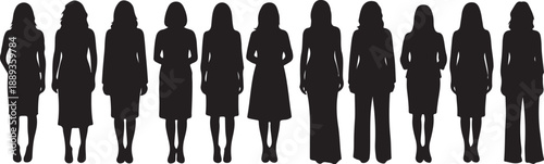 Silhouettes of women in business attire standing together confidently