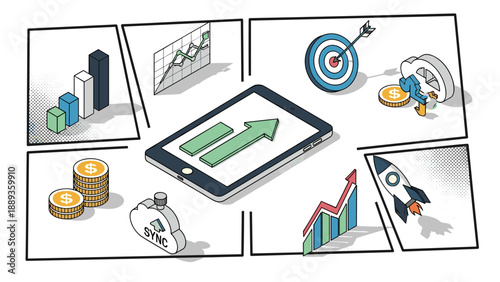 Dynamic business growth success depicted in comic style graphics with technology and financial symbols