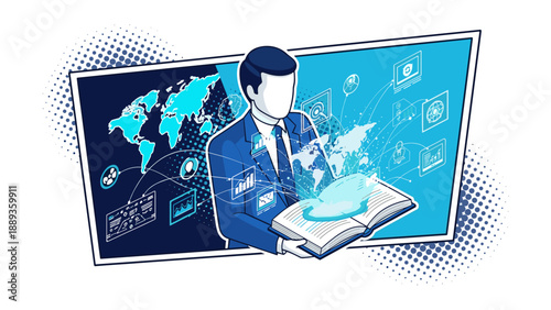 Businessman with open book and global digital interface in abstract modern design