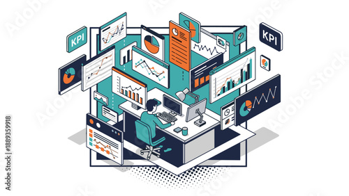 Digital dashboard workspace with multiple data analytics screens in isometric design