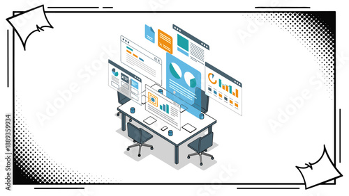 Isometric office workspace with floating data analytics and charts