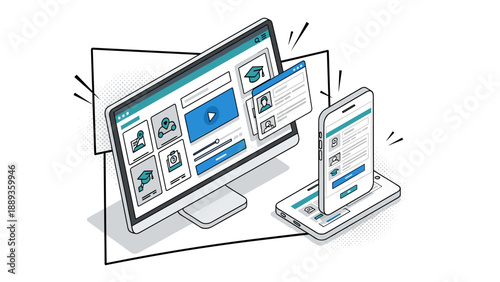 E-learning concept with isometric desktop and smartphone interface design