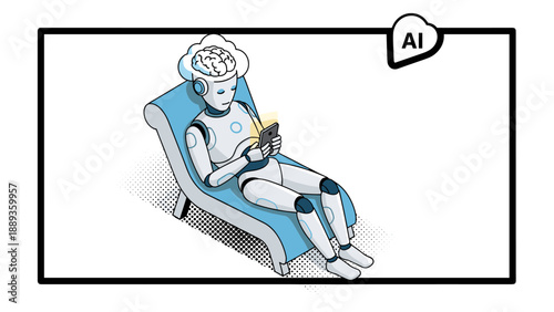 Ai robot relaxing on recliner browsing smartphone in a modern comic style