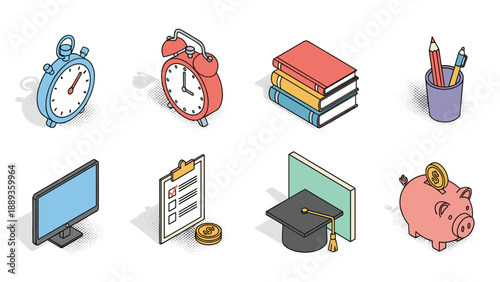 Isometric education and time management icons: alarm clocks, books, graduation hat, piggy bank