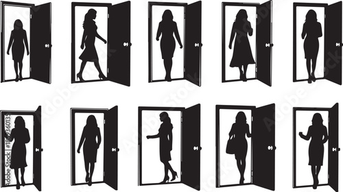 Silhouettes of women stepping out of open doors confidently