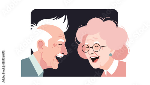 Joyful elderly couple laughing together in modern minimalist design