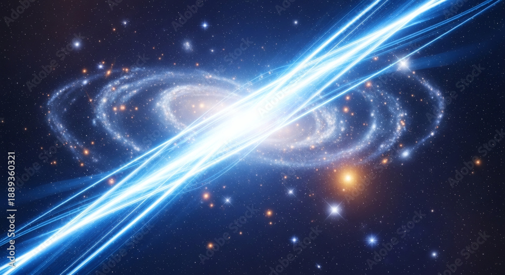 Obraz premium Cosmic Galaxy Collision with Bright Blue Beams and Stars in Space