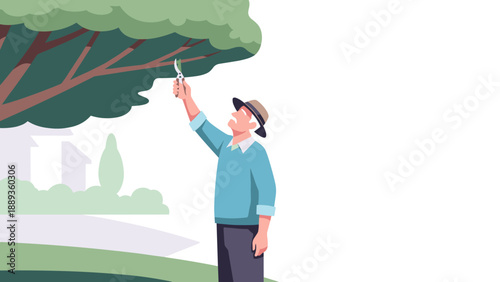 Senior gardener pruning tree branches in peaceful outdoor setting