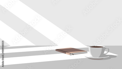 Relaxing coffee break with book in sunlit minimalist scene