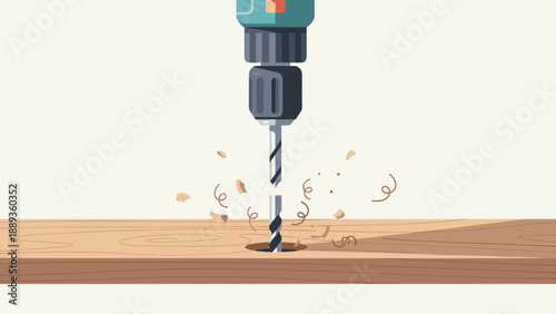Electric drill in action: woodworking tool creating sawdust