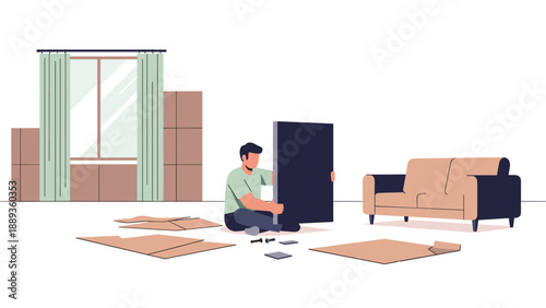 Man assembling furniture in living room with sofa and large window