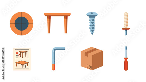 Flat assembly icons: tools and components for diy projects