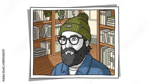 Hipster in library: pop art style portrait with bookshelves and green beanie