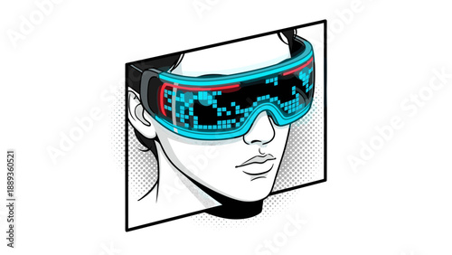 Futuristic pixel art virtual reality goggles in comic style with halftone background
