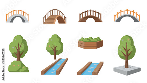 Cartoon bridge tree and water elements for garden landscaping designs