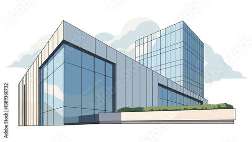 Modern architectural building with glass facade and cloudy sky