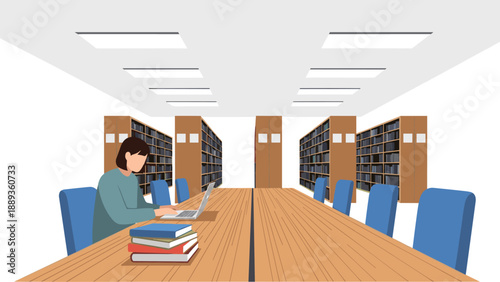 Modern library interior with student working on laptop surrounded by books