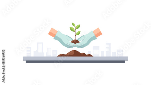 Hands nurturing plant in urban setting: embracing growth and sustainability