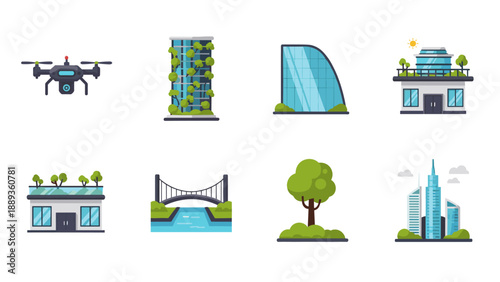 Futuristic urban elements: drone, green architecture, modern bridge, trees, and cityscape