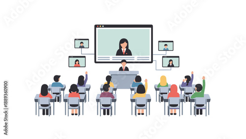 Diverse classroom with online teacher on screen for hybrid learning