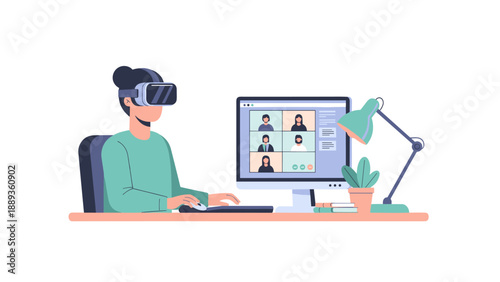 Woman using vr headset during video conference at home office