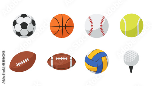 Colorful collection of popular sports balls in flat design style