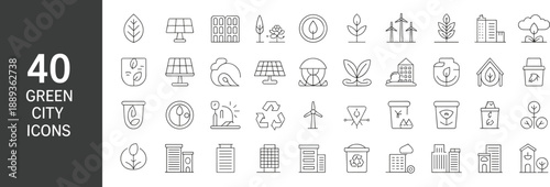 Set of green city line icons showing sustainable urban concepts, renewable energy, eco buildings, recycling, smart infrastructure, and environmental design