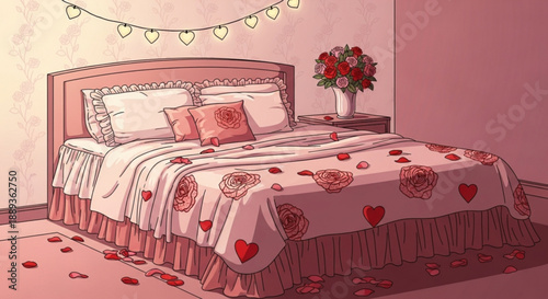 Romantic pink bedroom with heart patterned bedding and rose petals scattered around