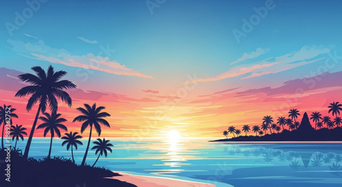 Tropical island beach at sunset with palm trees and calm ocean waves on a serene evening