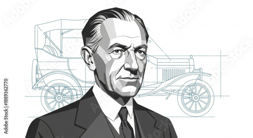 Vintage businessman portrait with classic car sketch background formal attire grayscale illustration