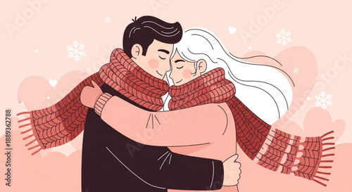 Loving couple embracing warmly wrapped in matching red scarves soft pink background with snowflakes