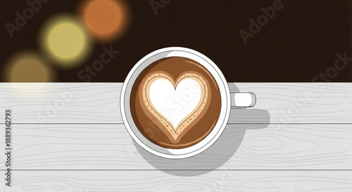 Coffee cup with heart design on brown latte art in white mug on wooden table top with blurred bokeh lights background