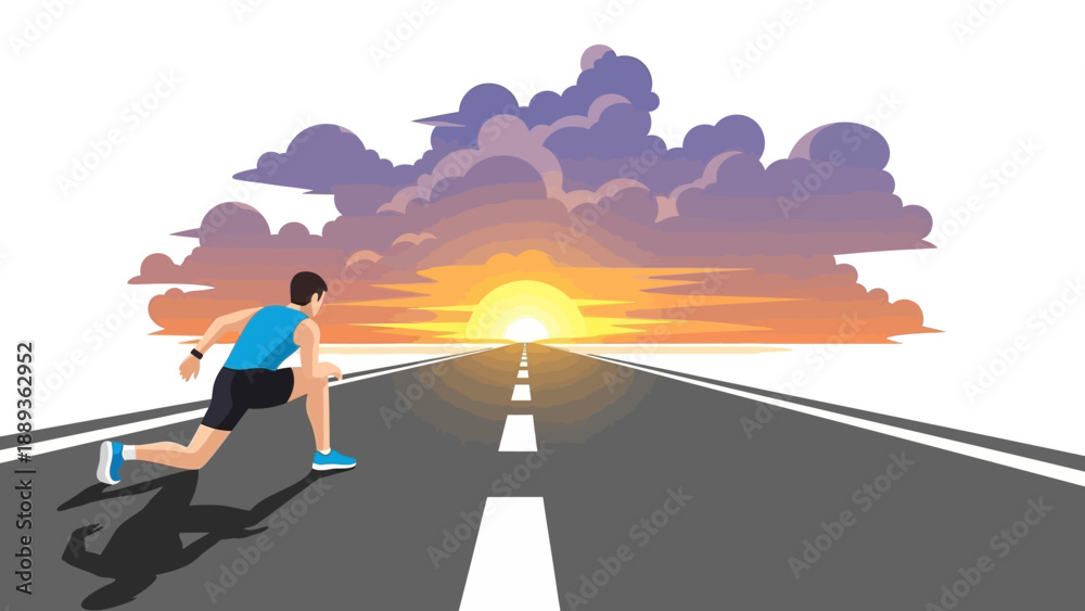 Obraz premium Runner at sunset on open road: journey towards the horizon