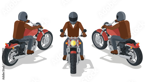 Three motorcyclists in flat style riding red motorcycles from different angles