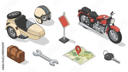 Vintage motorcycle adventure with sidecar and travel essentials in isometric design