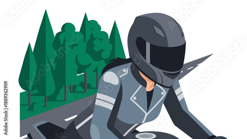 Motorcyclist riding through forest in modern flat graphic style