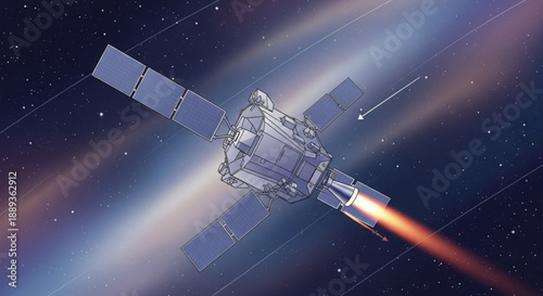 Satellite in space with solar panels and thruster firing stars and stardust background technology and exploration concept
