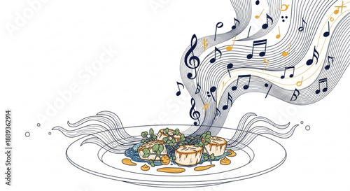 Music notes emerging from a delicious plate of gourmet food with fresh vegetables and sauce