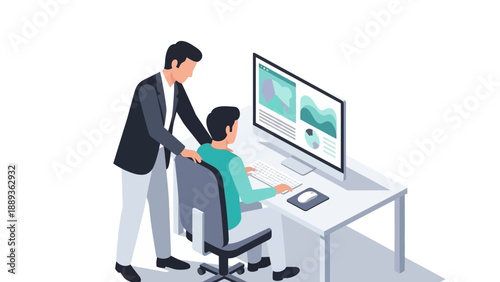 Business teamwork and collaboration at modern office desk in isometric style
