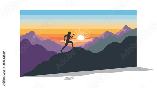 Silhouette of runner at sunrise in colorful mountain landscape