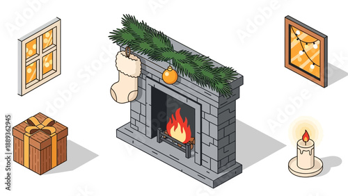 Cozy winter fireplace scene with holiday decorations in isometric style