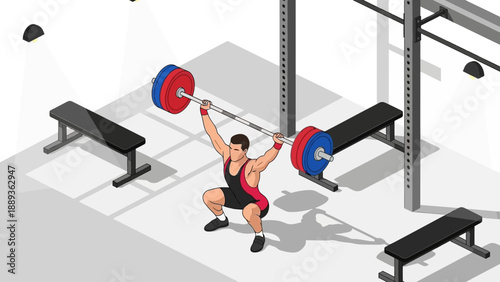 Isometric gym scene with athlete performing olympic lift