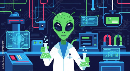 Alien scientist in lab coat holding test tubes with glowing green liquid in futuristic laboratory setting with various scientific equipment