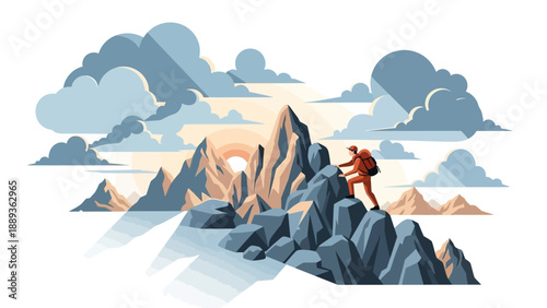 Adventurous climber scaling a mountain peak against scenic sky at sunrise